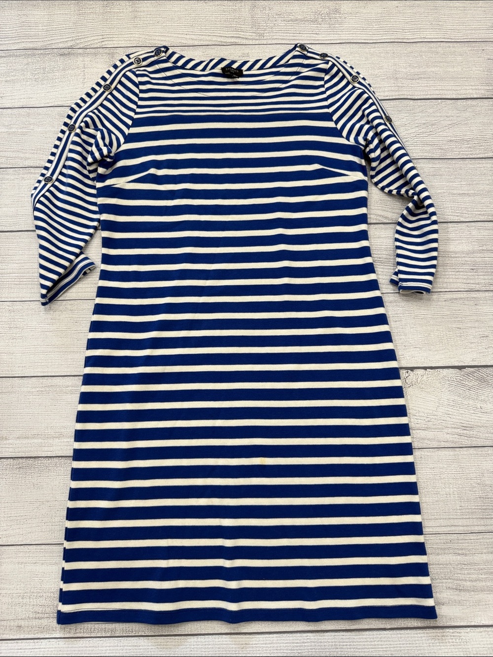 Talbots Petite Blue White Striped Nautical Dress SP Button Shoulder 3/4 Sleeve